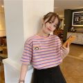 Super Hot cec Short Sleeve T Women's Summer T-shirt 2024 New Korean Style Fresh Rainbow Striped Loose Top ins Tide. 