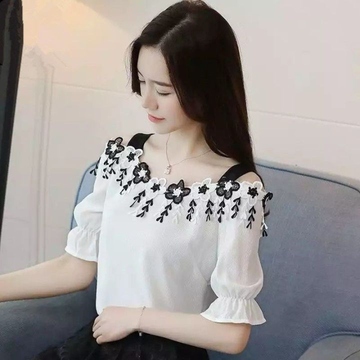 Summer Chiffon Blouses for Women off-Shoulder Strap Korean Style New off-Shoulder Short Sleeve Western Style Slimming Loose Bottoming Shirt for Women