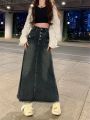 Retro Gray Maxi Long Denim Skirt Women Y2k Tassel Buttoned Bleached Blue Jeans Skirt Oversize Vintage High Waist Acubi Fashion. 