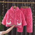 pajamas for kids Children's flannel pajamas, winter three-layer plush loungewear for boys and girls, plush loungewear, hooded coral velvet thick set. 