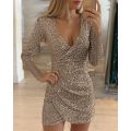【ThinkWay】Women Dress V Neck Bodycon Dress Fashion Mini Dress Slim Sequins Party Evening Dresses Clubwear. 