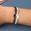 2Pcs Couple Bracelets 2 Matching Yin Yang Hand Knitted Men Women Shiny Rhinestones Adjustable Bracelets for Valentines Day. 
