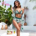 Muses Mall Quick-drying Bikini Set 3-piece Leaf Print Bikini Cardigan Set for Women High Waist Swimsuit with Quick Dry Lace-up Bra Beachwear for Water Sports Women Swimsuit Set. 