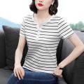 2023Summer New Top Striped Short SleeveTT-shirt Women's Summer Large Size Slimming Korean Style Loose All-Matching Flab Hiding Women's Clothing. 