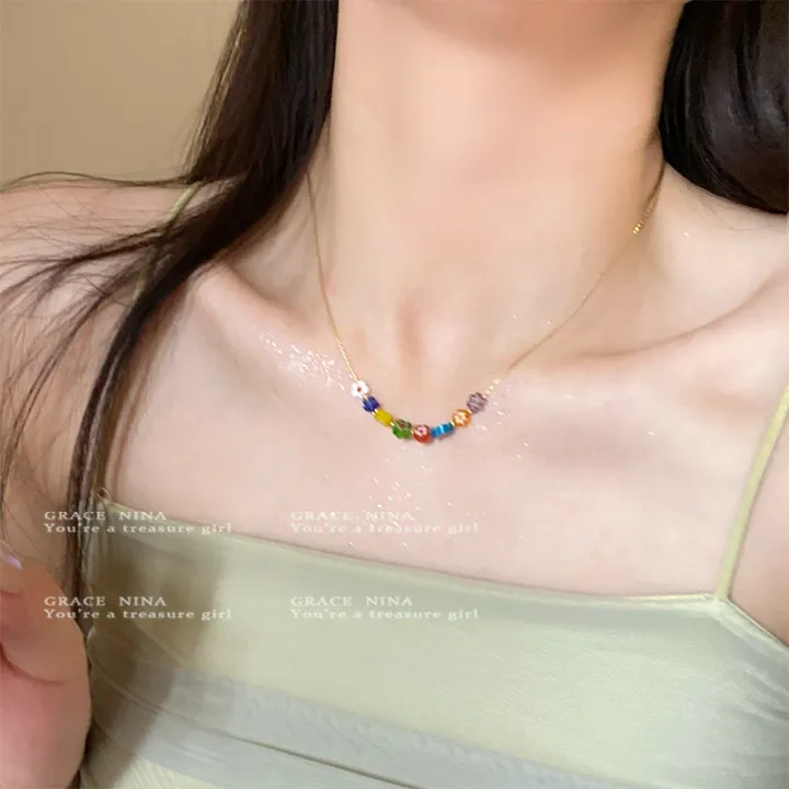 Korean%20Simple%20Cute%20Fashion%20Alloy%20Chain%20Jewelry%20Colorful%20Flower%20Beads%20Pendant%20Necklace%20For%20Women%20Girls%20-%20Image%203