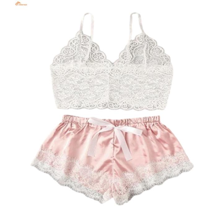 Ethereon%20Lace%20Camisole%20Pajama%20Set%20Lace%20Vest%20Satin%20Shorts%20Set%20for%20Women%20Backless%20Sleepwear%20Homewear%20Adjustable%20Strap%20Camisole%20Shorts%20Set%20-%20Image%202