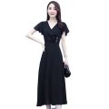 bellylady Women  Dress Fashion V-neck Short-sleeve Skirt Solid Color Waist-ing Long Skirt color. 