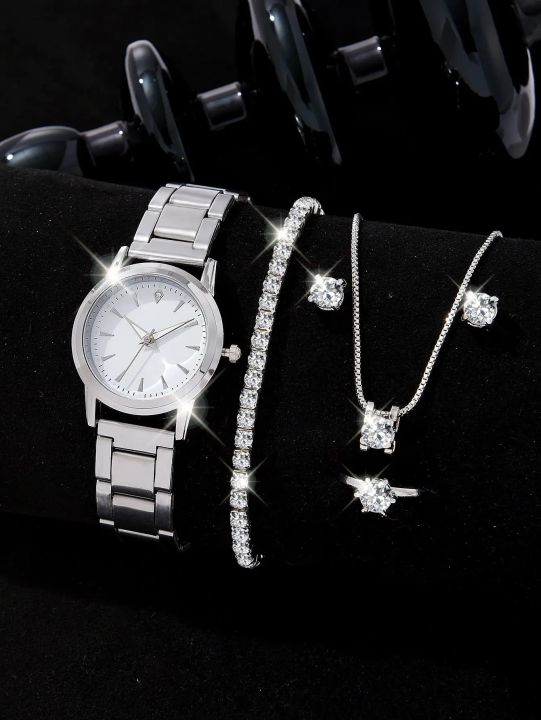 New 6PCS Set Luxury Watches Set Women Silver Fashion Elegant Wristwatch Quartz Watch Ladies Clock For Women Relogio