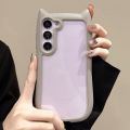 Korean Cute Candy Color 3D Cat Ears Transparent Case Samsung Galaxy S25 S24 S23 Ulra Plus Kawaii Shockproof Soft Border Cover. 