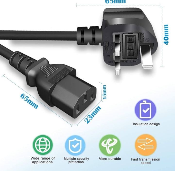 AC Power Cable 3 Pin Wire With Fuse For Computers, PCs, TVs