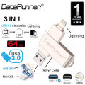 DataRunner OTG Drive 3 IN 1 USB A 3.0 Lightning Micro USB 64GB USB Pen Flash Memory Drive. 