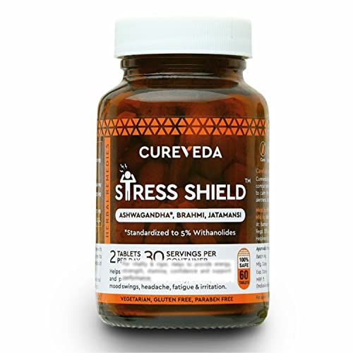Cureveda Herbal Stress Shield Tablets- Support for Stress, Fatigue and Tension (Gold standard Ashwagandha, Brahmi, Jatamansi- General Wellness- 60 Tablets(FROM INDIA)NUSS
