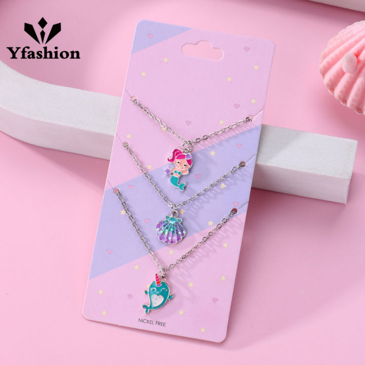 Yfashion 3pcs Girls Necklace Jewelry Cartoon Mermaid Shell Dolphin Shape Pendant Clavicle Chain Children Gifts