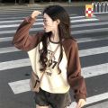 Contrast Color Letter Print Short Sweater for Women Autumn New Sweet and Spicy Korean Style Loose Slimming round Neck Long Sleeve Fashion ins. 