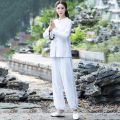 Cotton and Linen Yoga Clothes Suit Spring and Summer New Tai Ji Suit Morning Exercise Clothes Two-Piece Set Solid Color plus Size Loose Zen Tea Gown. 