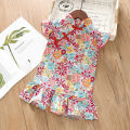 [lrih Store]1-4-7 Years Old Baby Girls Flying Sleeve Chinese Style Cotton Fishtail Cheongsam Chinese Buckle Broken Flower Dress Cute. 