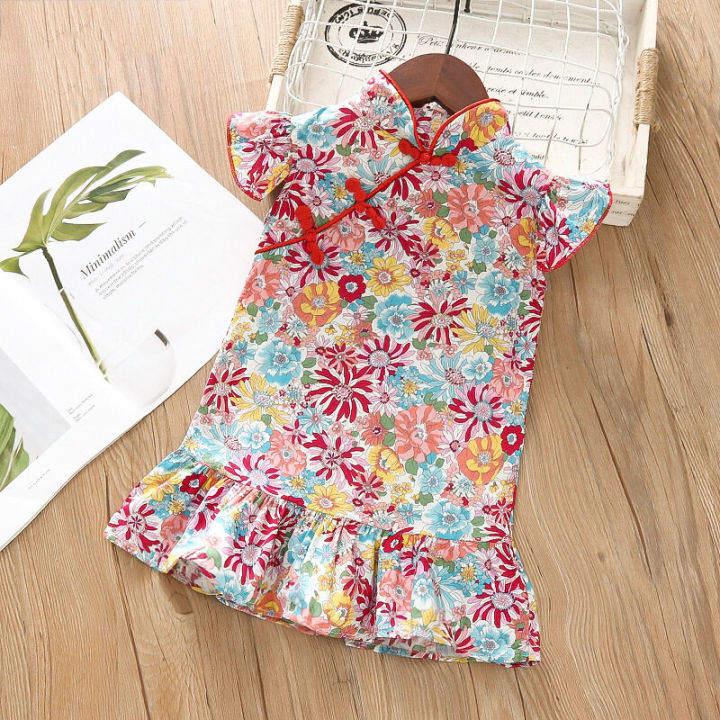 [lrih Store]1-4-7 Years Old Baby Girls Flying Sleeve Chinese Style Cotton Fishtail Cheongsam Chinese Buckle Broken Flower Dress Cute