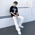 GOFB High Street Ripped White Jeans Summer New Loose Slimming Bootcut Pants American Retro Pants Men. 