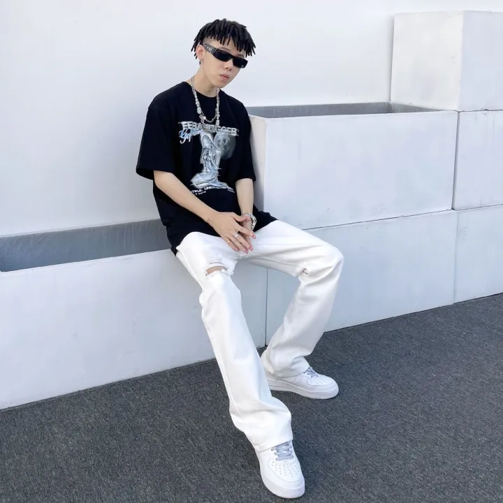 GOFB High Street Ripped White Jeans Summer New Loose Slimming Bootcut Pants American Retro Pants Men