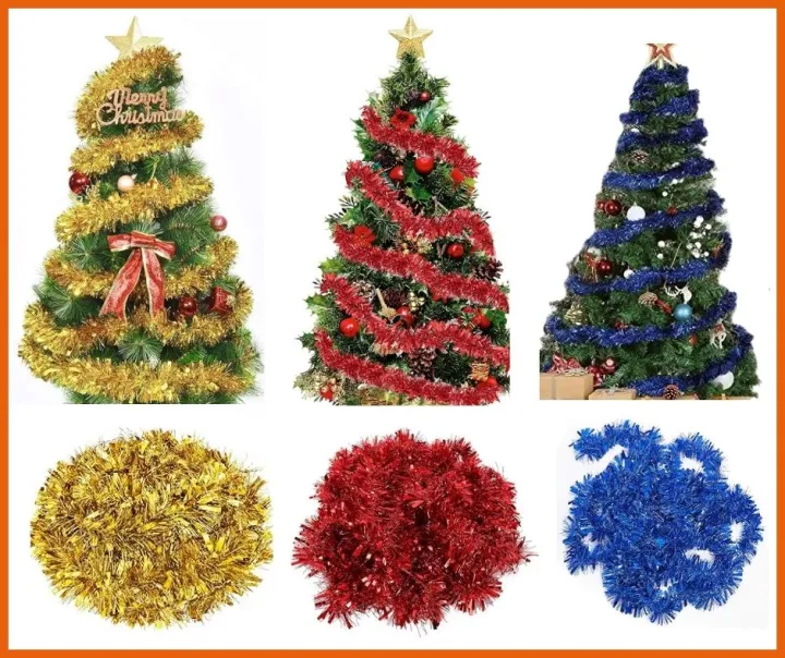 Christmas Tinsel Garland 2m Long Shiny Christmas Tinsel Garland Metallic Streamer Twist Garland Christmas Tree Ornament Birthday Wedding New Year Hanging Decorations - Gold, Red, Blue