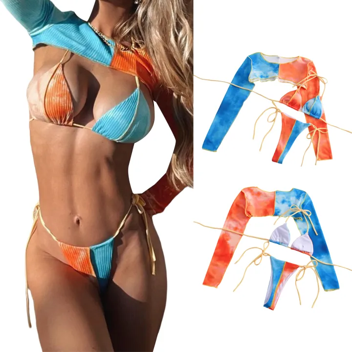 Women Bikini Set, Contrast Color Long Sleeve Shrug with Bra Briefs Summer Swimming Swimsuit