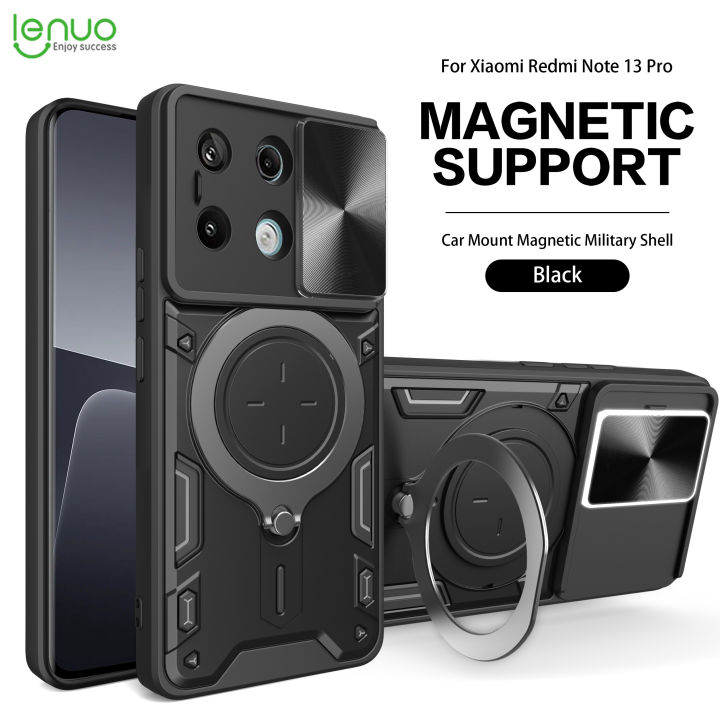 Lenuo For Xiaomi Redmi Note 13 Pro 4G Back Cover Shockproof Armor Case Car Magnetic Ring Stand Holder Push Pull Camera Lens Protection Hard Phone Case