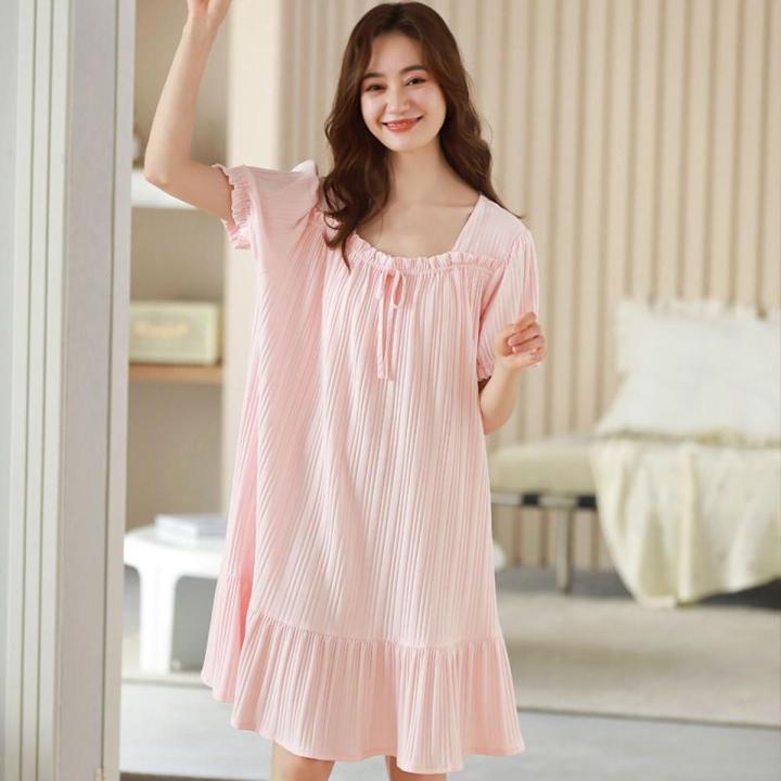 Women's Pajamas Summer Cotton Short Sleeve Sweet Korean Style Nightdress Floral Dress Thin plus Size Homewear