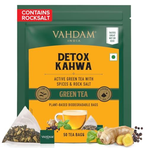 VAHDAM, Detox Kahwa Green Tea - 50 Pyramid Tea Bags | 100% Natural, Desi Kahwa With Green Tea & Spices | Resealable Ziplock Pouch(FROM INDIA)