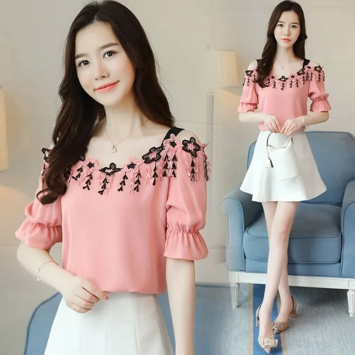 Summer%20Chiffon%20Blouses%20for%20Women%20off-Shoulder%20Strap%20Korean%20Style%20New%20off-Shoulder%20Short%20Sleeve%20Western%20Style%20Slimming%20Loose%20Bottoming%20Shirt%20for%20Women%20-%20Image%205