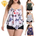 Plus Size Swimsuit Flattering Plus Size Tankini Swimsuit Set with Ruffle Flounce Top Tummy Control Shorts for Beach Vacation Available on Tummy Control Swimwear. 