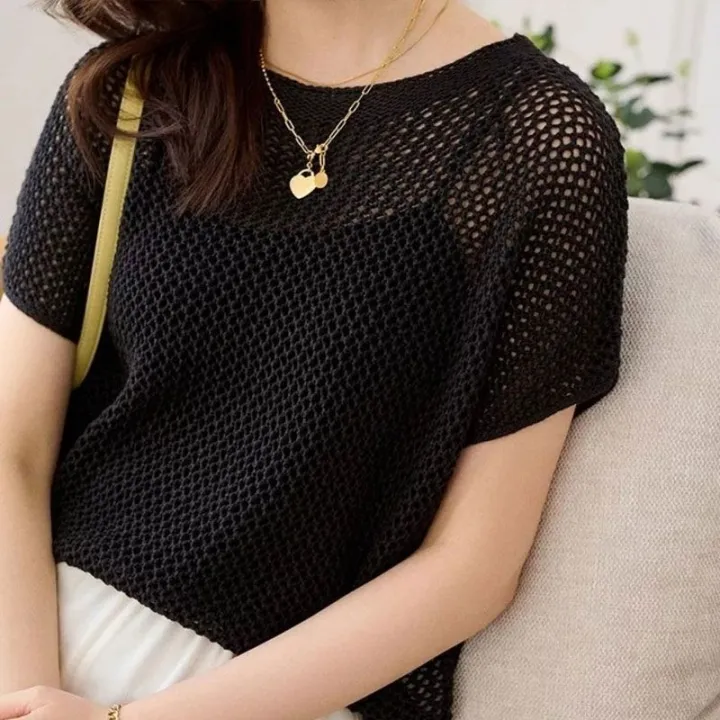 2024%20Summer%20New%20Ice%20Silk%20Sweater%20Loose-Fitting%20Batwing%20Sleeve%20Shirt%20Short%20Sleeve%20plus%20Size%20Women's%20Clothing%20Pullover%20Thin%20Shiny%20Top%20-%20Image%202