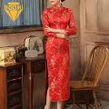 Semi-stand Collar Cheongsam Vintage Floral Print Chinese Qipao Cheongsam Maxi Dress Stand Collar Long S ve Ankle Length Traditional Style for Women Women Retro Cheongsam Dress. 