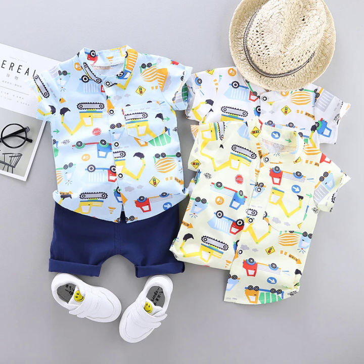 Toddler Baby Boys Girls Clothes Sets Cartoon Excavating Machinery T Shirt Shorts Pants For Summer Boys Clothing Outfits Suit