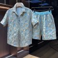 Ethnic Style Embossed Gilding Flower Short-Sleeved Shirt Shorts Two-Piece Men's Summer Ruan Shuai Loose Black Gold Shirt Suit. 