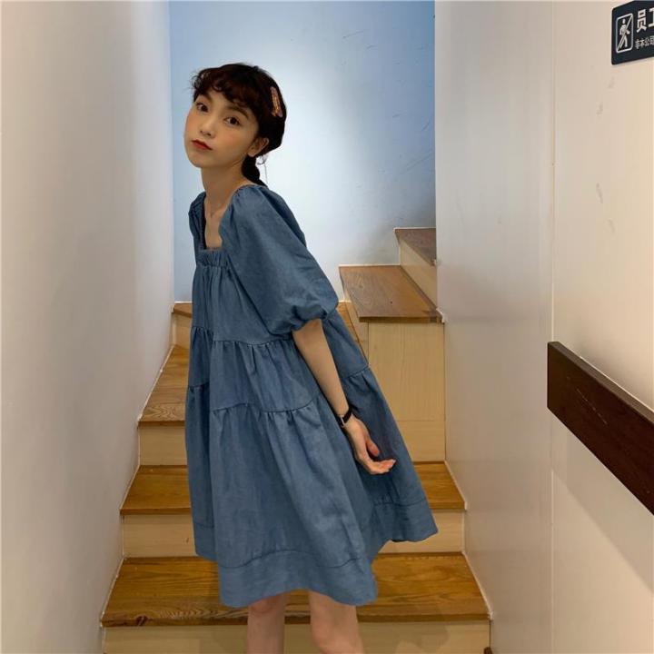 Summer2023New%20Preppy%20Style%20Short-Sleeved%20Dress%20for%20Female%20Students%20Korean%20Style%20Loose%20Slimming%20Mid-LengthALine%20Skirt%20Tide%20-%20Image%203