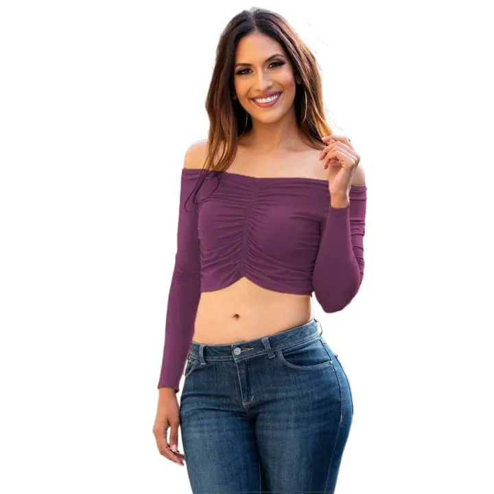 Pretty%20Wear%20Women's%20Sexy%20Off%20Shoulder%20Crop%20Tops%20T-Shirt%20Slim%20Fit%20Sexy%20Long%20Sleeves%20Tunics%20Blouse%20Going%20Out%20Nightout%20Party%20Club%20Shirt%20Gray,%20Purple,%20Pink%20Colors%20-%20Image%202