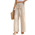 Yfashion Women Casual Wide-leg Pants High Waist Loose Straight Trousers Simple Elegant Solid Color Lace-up Pants. 