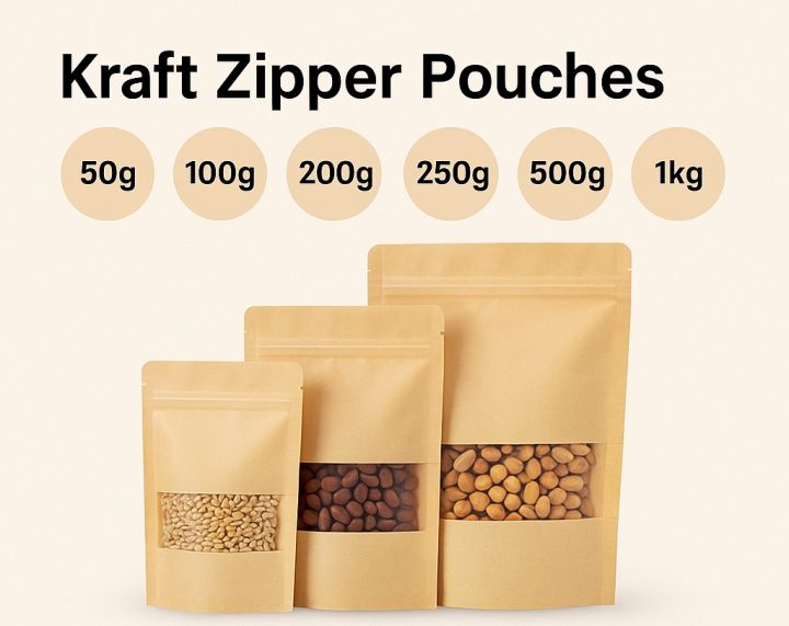 100pcs Brown Kraft Standup Pouches with Clear Window - Zip Lock, Durable Kraft Paper Bags for Snacks, Candy & Spices - 50g/100g/200g/250g/500g/1kg