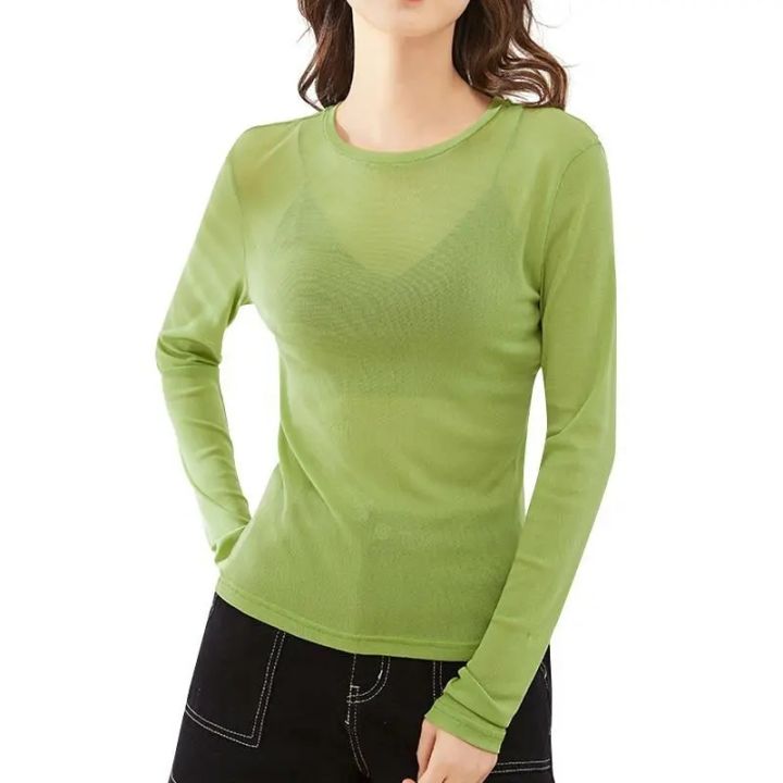 Mesh%20Undershirt%20Women's%20Inner%20Layer%20With%20Sun%20Protection%20Clothing%20Thin%20Transparent%20Top%20Spring%20Autumn%20Ice%20Silk%20Lace%20Gauze%20T-Shirt%20-%20Image%202