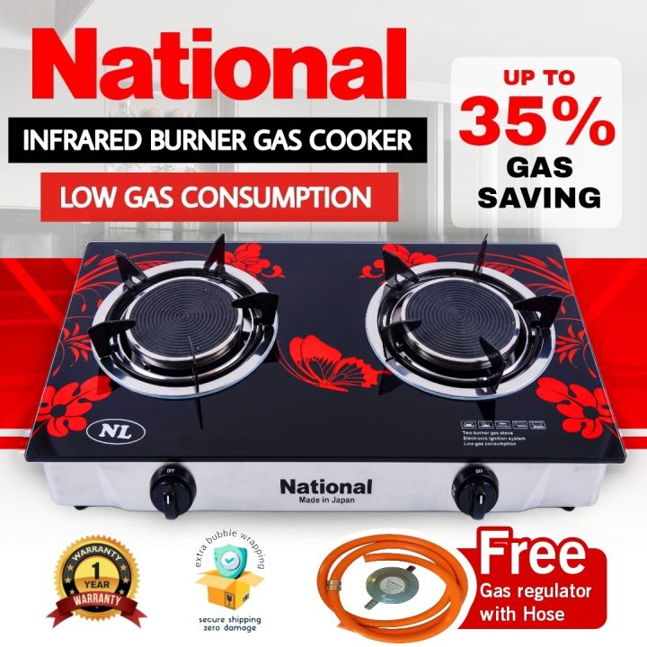 National Low Gas Cooker 2 burner portable infrared gas stove with Ceramic  Glass Free gas regulator with hose