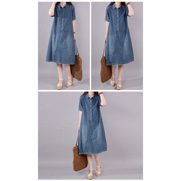 Yfashion%20Women%20Cotton%20Short%20Sleeves%20Denim%20Dress%20Large%20Size%20Casual%20Mid-length%20Skirt%20Fashion%20Simple%20Solid%20Color%20Lapel%20Dress%20-%20Image%202
