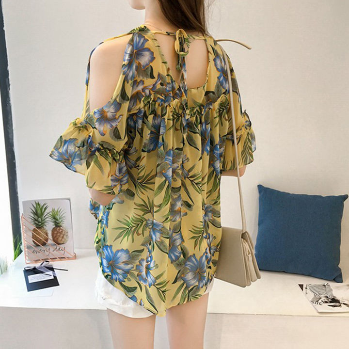 Women%20Printed%20Off%20Shoulder%20V-Neck%20ffon%20Loose%20Blouse%20Vintage%20Sweet%20Pagoda%20Sleeve%20ops%20-%20Image%209