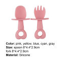 2 Pcs/Set Kid Spoon Kit Food Grade Rounded Edge Silicone Self Feeding Baby Fork Set for Toddler. 