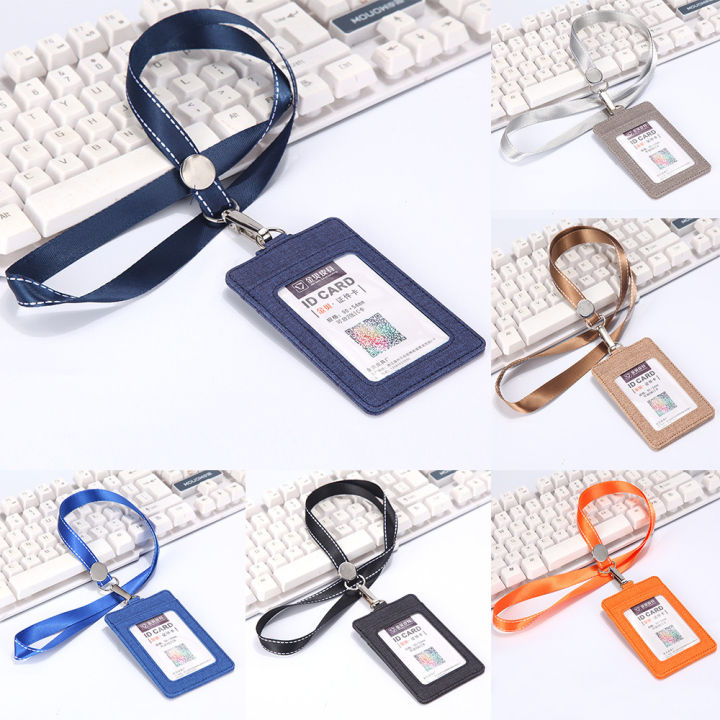 Card Holder Lanyards ID Badge Holder PU Leather Bus Pass Case Cover Slip Men Women's Bank Credit Card Holder Strap Cardholder