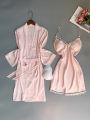 SYQ Solid Color Wavy Lace Sling Silk Nightgown Thin Fairy Two-Piece Nightgown Pad For Women. 