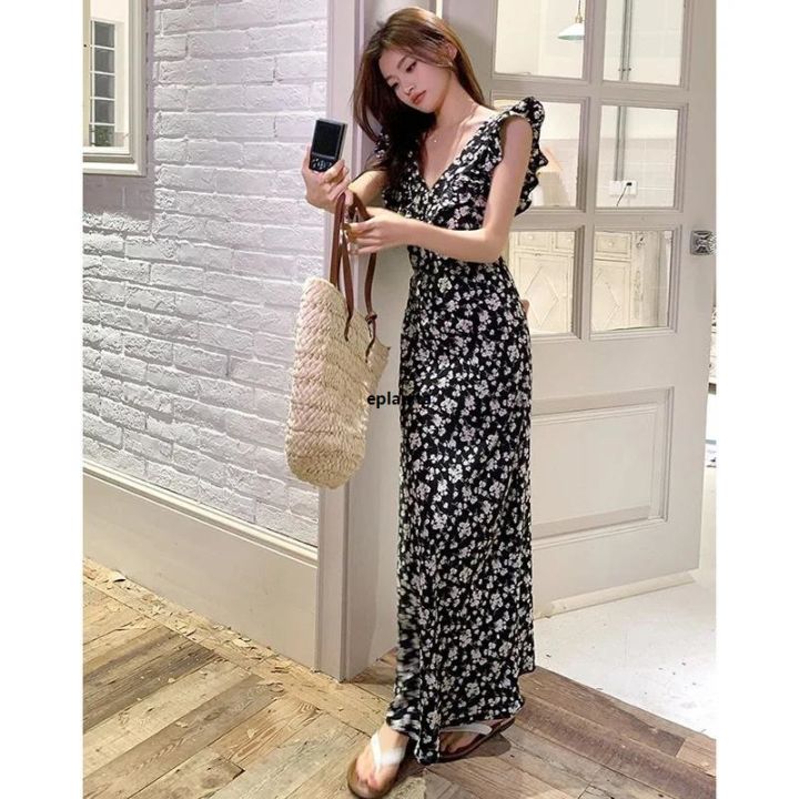 2024 New Summer Lady Black Floral Chiffon Ruffle Dress Women Elegant ...