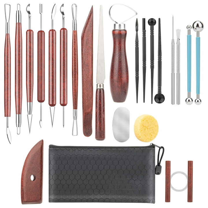 Clay Sculpting Tools, Basic Clay Pottery Carving Tool Kit with Wooden Handles and Tool Bag for Carving, Molding Durable