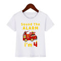 Children Fashion Fire Engine/ Fire Truck Print Tshirt 1-8 Year Baby Boy's White Short Sleeve T Shirt Summer Birthday Party Gift. 