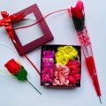 Gift Box Women's Valentines Day Gift Pack for Girlfriend Wife Fiance Mother Sister Beautiful Basket 6pcs Lady's Items Decorated Gift Box Rose Flower, Perfume, 3 Scrunchies, Free Lolipop Customized Valentine, Birthday, Anniversary Gift. 