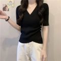 Summer French Minority Design Sense v Collar Slim Top Ice Silk Short Sleeve Bottoming Sweater T T-shirt Women's Spring and Autumn Thin Fashion. 
